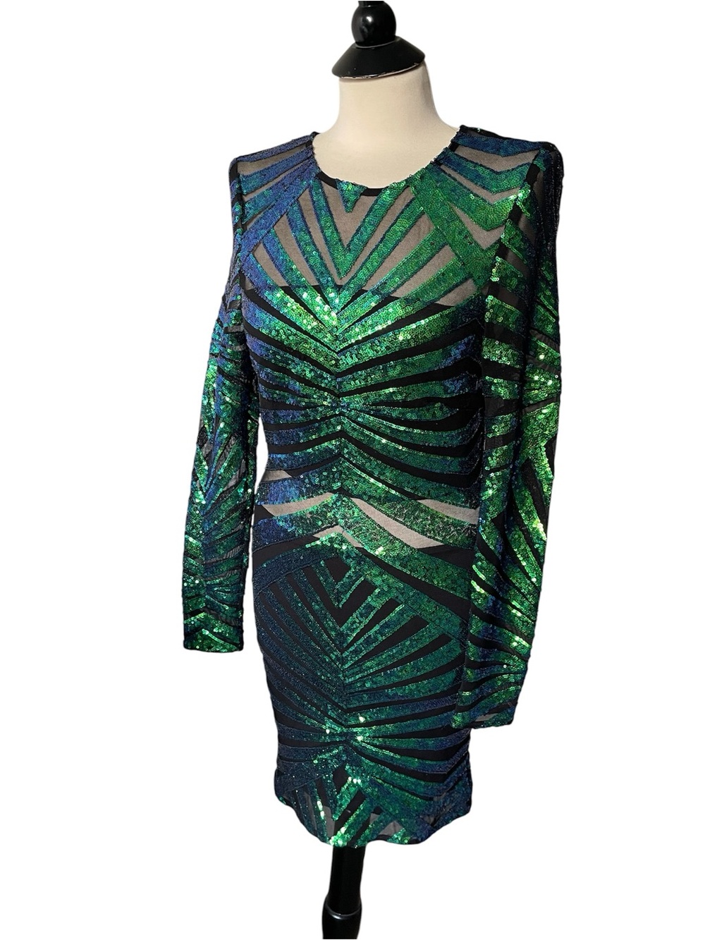 Parisian Works Green and Blue Sequin Long-Sleeve Bodycon Dress
